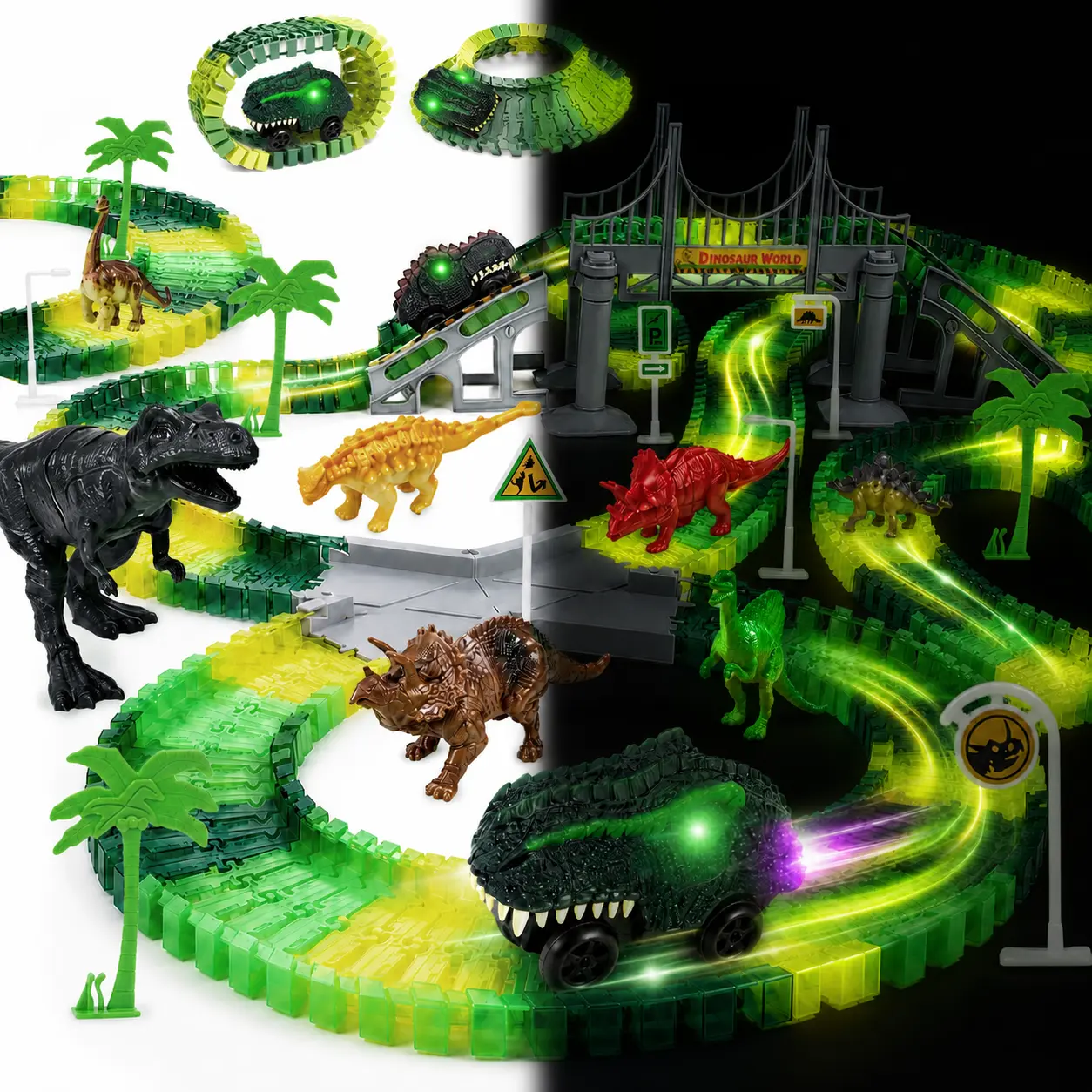 [BackToSchool] Vvinca 238 PCS Glow in the Dark Dinosaur Race Track Car Toys, Flexible Car Track Playset with 2 Glow in the Dark Dino Cars, Magic Tracks Toy， Create a Dino World Adventure Road Race for Boys Girls Ages 3+, Birthday Gift, Outdoor
