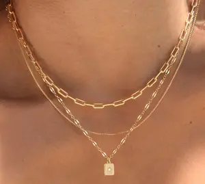 17KM 3Pcs 14K Gold Plated Layered Necklaces for Women ， Trendy Stackable Choker Paperclip Box Chain Jewelry Set