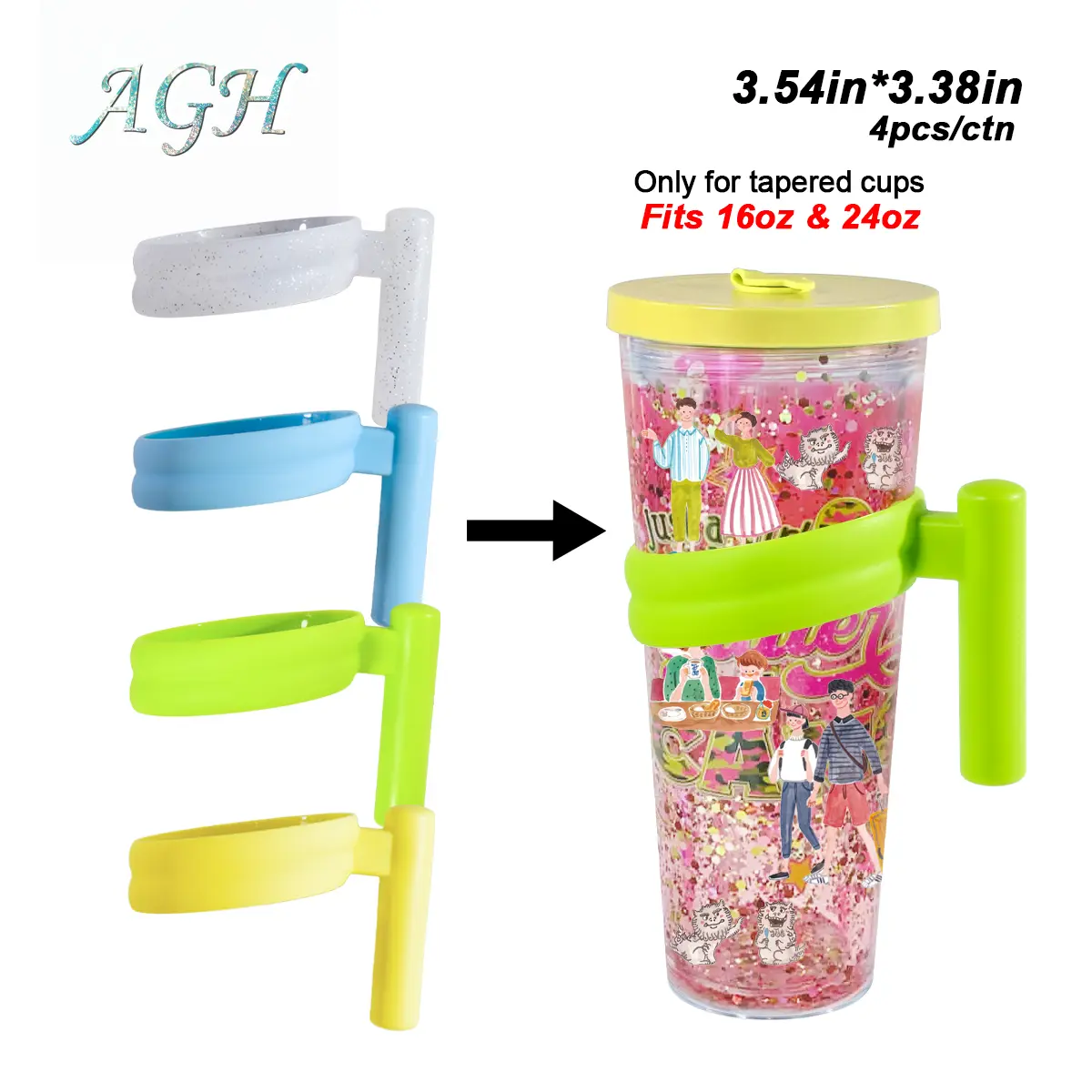 AGH US 4 packs  cups Accessories Only Cute 4-colors mixed mug individual handle Matching/Fit 16oz/24oz double walled plastic snow globe tumbler, colored handle only, keep your cup surface clean and pretty, easy to use and grab