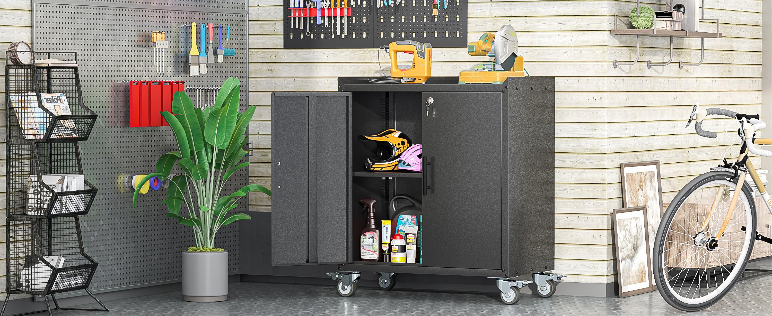 35.6"Metal Storage Cabinet with Wheels,Rolling Tool Cabinets with Doors and Adjustable Shelves,Lockable Garage Storage Cabinet,Heavy Duty Tool Chest for Home Office Utility Room,Assembly Required,