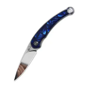 QSP Dolphin Folding Knife, 14C28N Mirror Polished Blade, Blue Resin Handle, Liner Lock, Dual Thumb Studs, 7.8" Overall Length – EDC Pocket Knife for Daily Carry and Outdoor Use