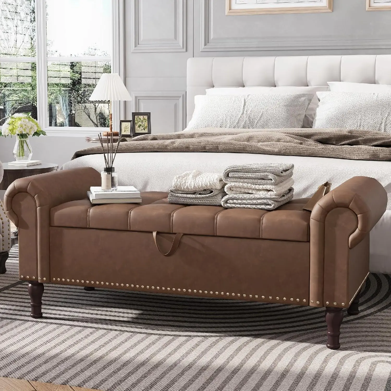 【Black Friday】UDPATIO Storage Bench for Bedroom, 51/60" Queen/King Size Storage Bench, Cushioned Stool Upholstered Bedroom Bench with Rolled Arms and Vintage Rivets for Living Room, Storage Room, Entryway Spring Greenish, Footstool With Storage