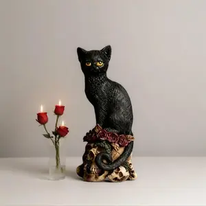 Gothic-Style Spooky Black Cat, Rose, and Skull Statue - Home Halloween Decorative Figurine for Home Supplies