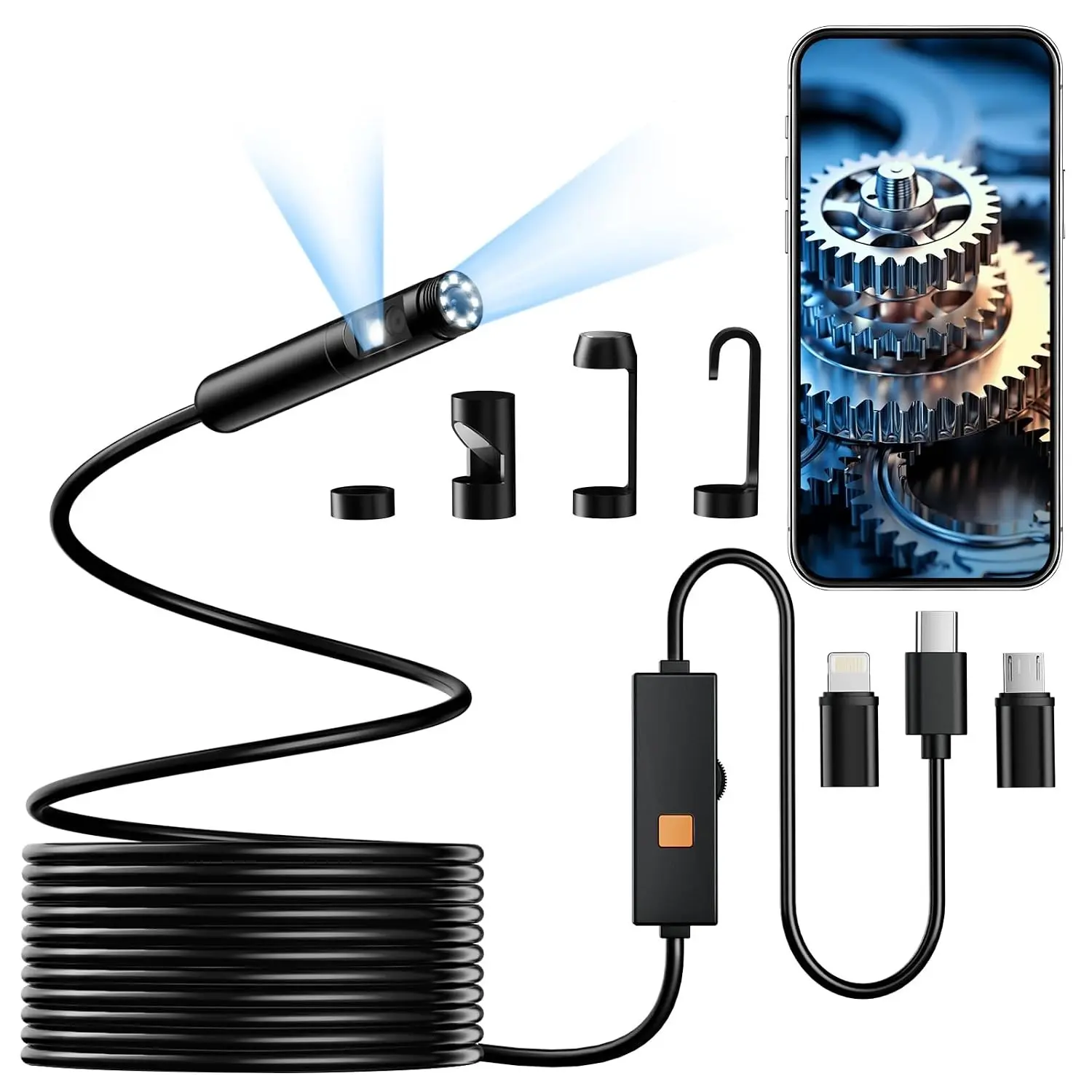 Endoscope Camera with Light, Dual-Lens 1920P HD Borescope Tools with 8+1 Adjustable LED Lights, 9.8FT Semi-Rigid Snake Cord IP67 Waterproof Inspection Camera for iPhone, iPad, iOS and Android Phone