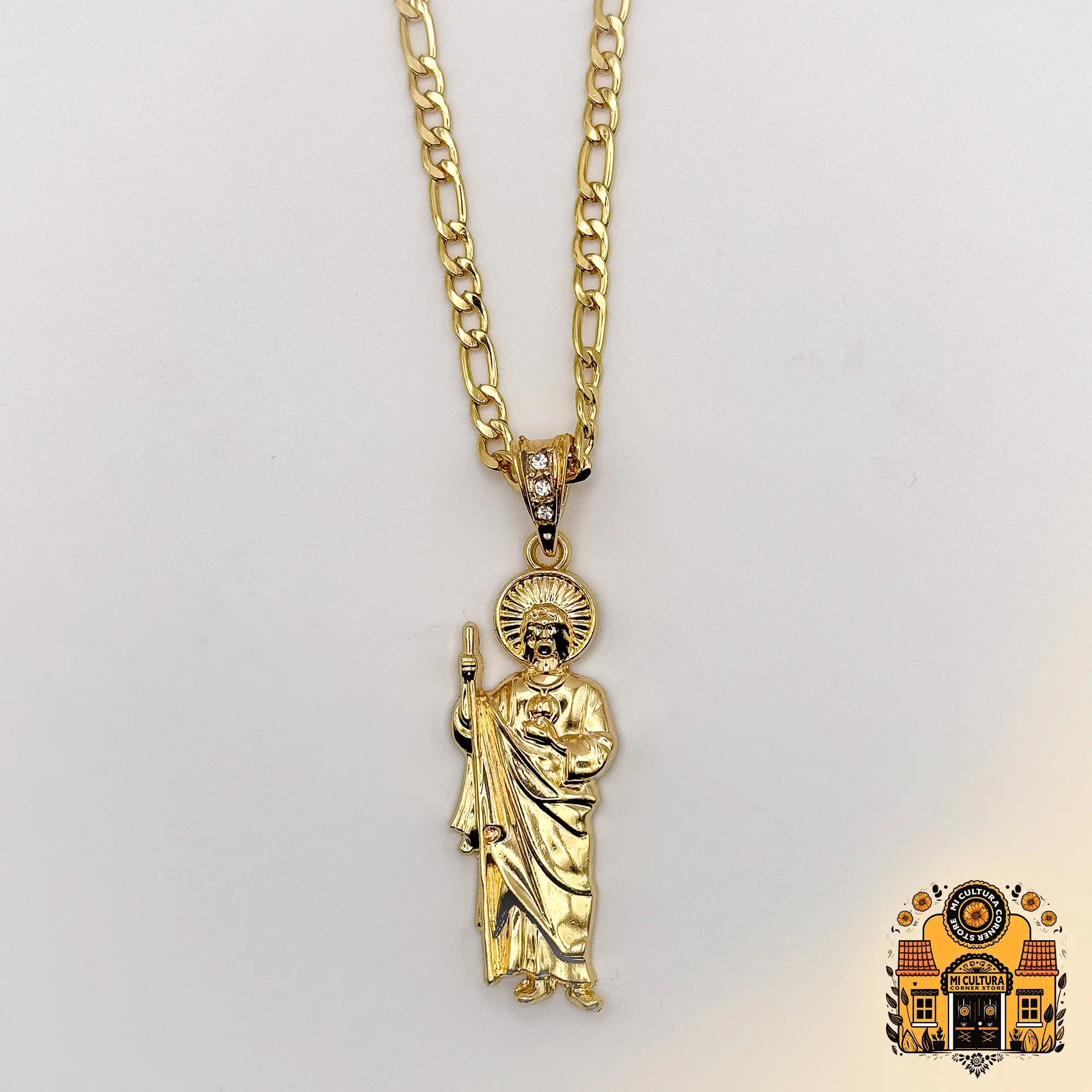 14K Gold Plated St. Jude Necklace - All Gold - Figaro Chain San Judas Pendant / Collar de San Judas Tadeo Chapado en Oro 14K - Todo Oro - Cadena Figar