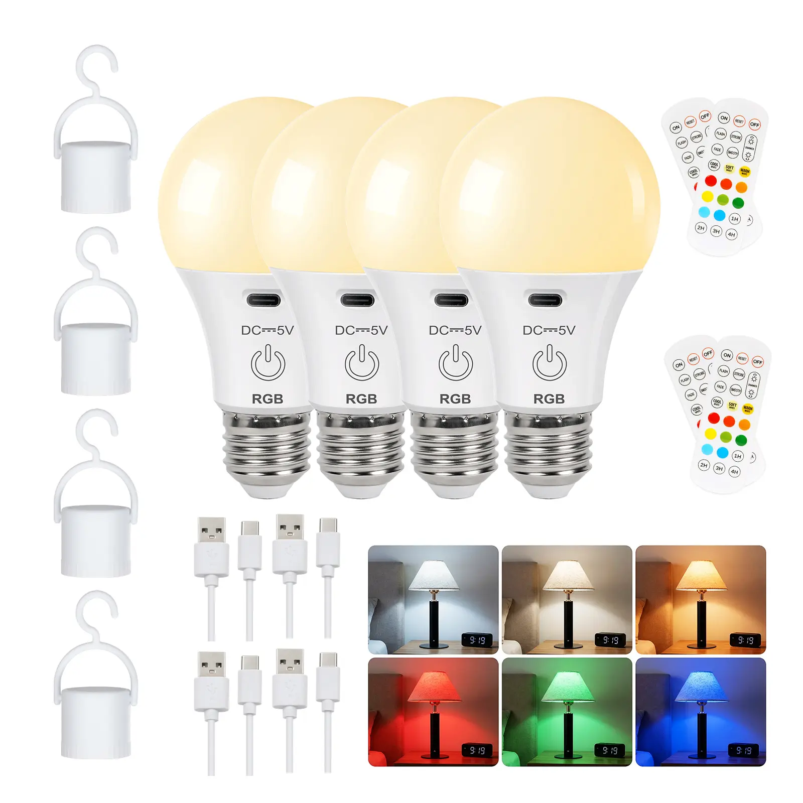 Rechargeable RGB Light Bulbs, Battery Operated Light Bulbs with Remote, Keep Lighting During Power Outage, 2000mAh  Emergency Wireless Battery Light Bulb with , Dimmable, Timer for Home