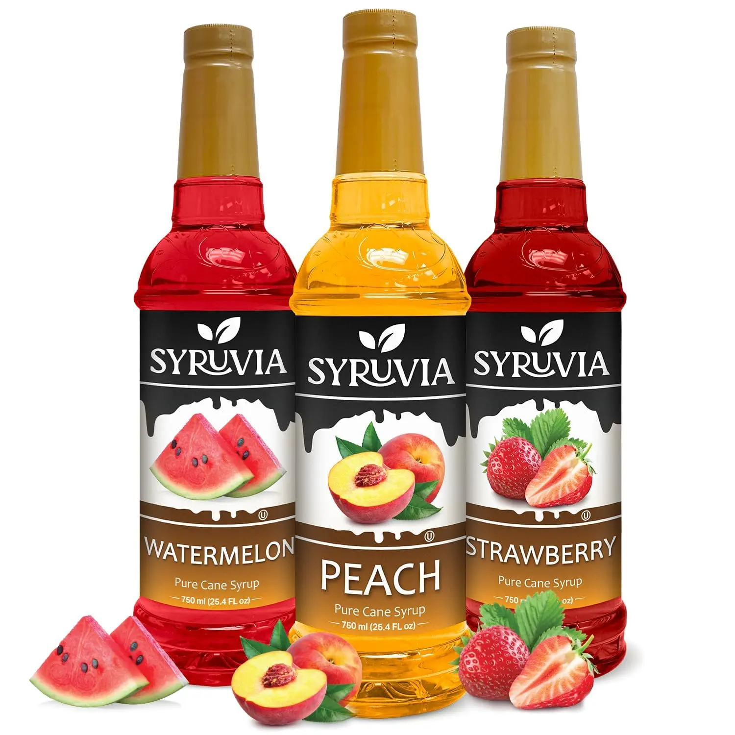Syruvia Naturally Sweetened Drinks Syrup Variety Pack - Gluten-Free, Cane Sugar-Sweetened, Kosher, Ambient, 25.4 Fl oz (3-Pack) with Watermelon, Peach, Strawberry Flavors