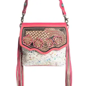 Myra Rosa Verde Hand Tooled Leather Sling Bag for Women â€“ Pink Floral Western Flap, Fringe Sides, Speckled Print Body
