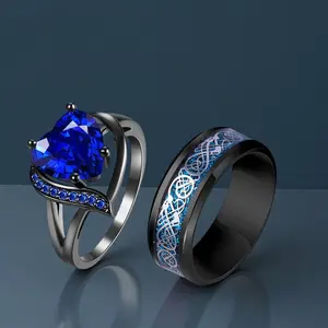 Couple's durable stylish jewelry gift Red Blue Gemstone fashion Ladies Ring European and American Stainless Steel Dragon Pattern Men's Co Princess Tungsten Cut Rings uple Pair Ring Blue Zircon