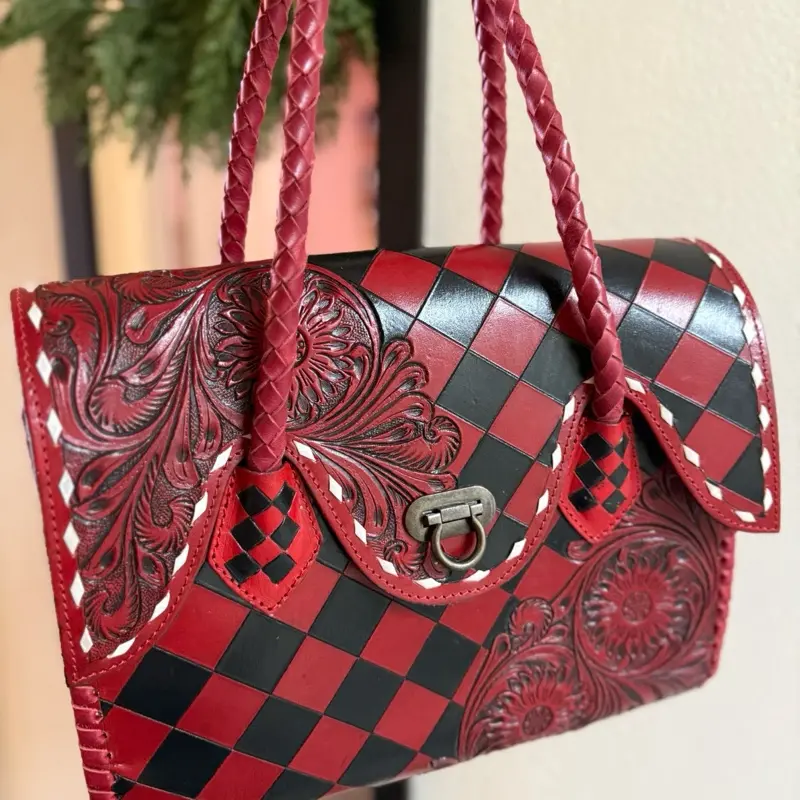Leather Tote Red/Black Checkered Bag with Intricate Floral Embellishments and Gold Hardware