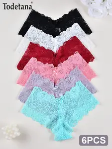 6 Pack High Rise Comfortable Casual PantiesSet，Women's Sexy Lace Boyshorts - Soft Comfortable Floral Print Drop Waist Underwear, Medium Support Panties，Full Square Printed Fashionable And Skin Friendly Suitable