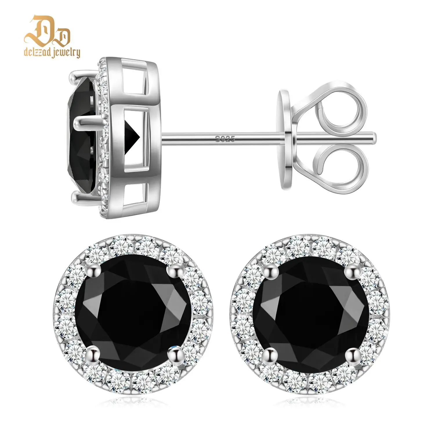 Delzzad S925 Halo VVS Black Synthetic Moissanite Stud Earrings Birthday Anniversary Mother's Day Gifts for Men Women