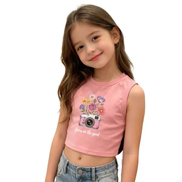 Kid-Friendly Girls' Vests, Casual Sleeveless Round Neck Summer Top with Flower and Camera Patterns, Lightweight and Comfortable