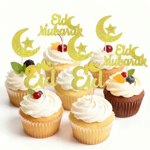 10pcs Gold Eid Mubarak Cupcake Topper Ornaments for Eid Mubarak Ramadan Party Cupcake Decorations