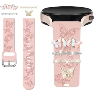 Floral Engraved Band and Decorative Rings Loops Compatible with  Galaxy Watch 7/FE/6/5/4 Band with Charms,20mm Soft   Band for  Vivoactive 5/Vivoactive 3  Watch