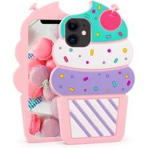 Cute Case Compatible with iPhone 11 Case, Ice Cream Funny 3D Cartoon Cupcakes Shaped Soft Silicone Full Protection Shockproof Cases Cover for Girls Kids Women