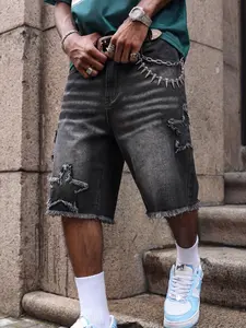 Tiktok Influencer Style Star Ripped Hem Denim Jeans Shorts, Distressed Wash Design, Streetwear, Versatile Y2K Shorts