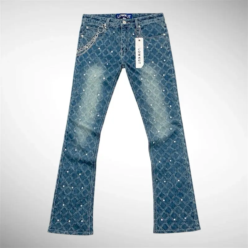 Men’s Rhinestone Flare Jeans Blue Streetwear Designer Denim