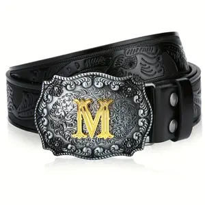 Men's Western Cowboy PU Leather Belt - Longhorn Bull Pattern Big Buckle, Embossed Floral Design | Durable Alloy Buckle | Average Size Fit