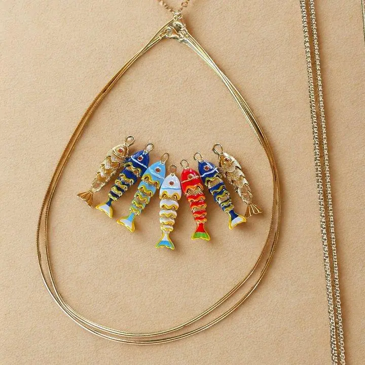 Sardine Summer Charm Necklace - Unisex Gold-Filled Fish Pendant with Enamel Details & Orange CZ Eye - Mediterranean Blue Design - Versatile Chain Options Available