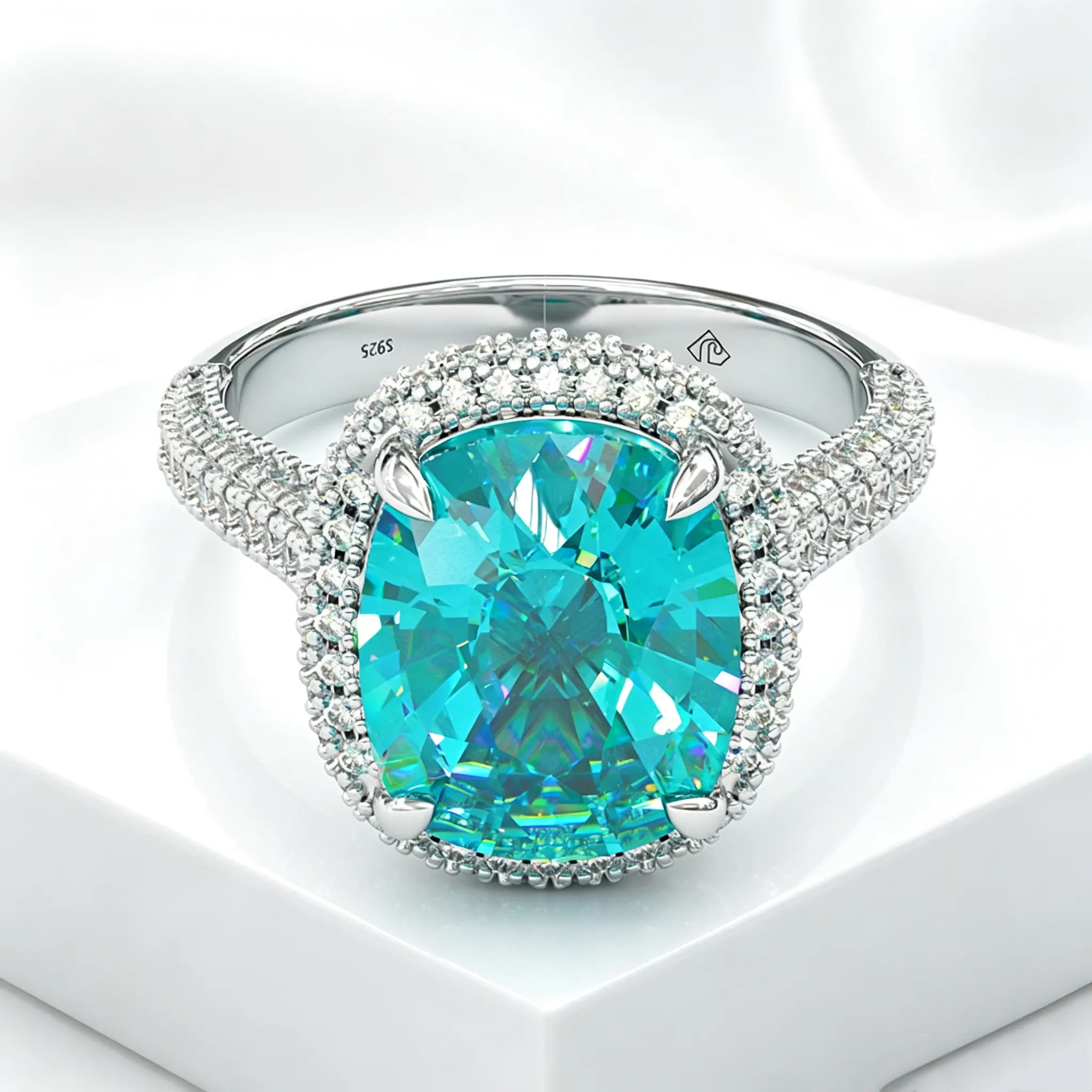 Jorrio Paraiba 925 Sterling Silver Cushion Cut Ring,  Elegant Luxury Women’s Ring