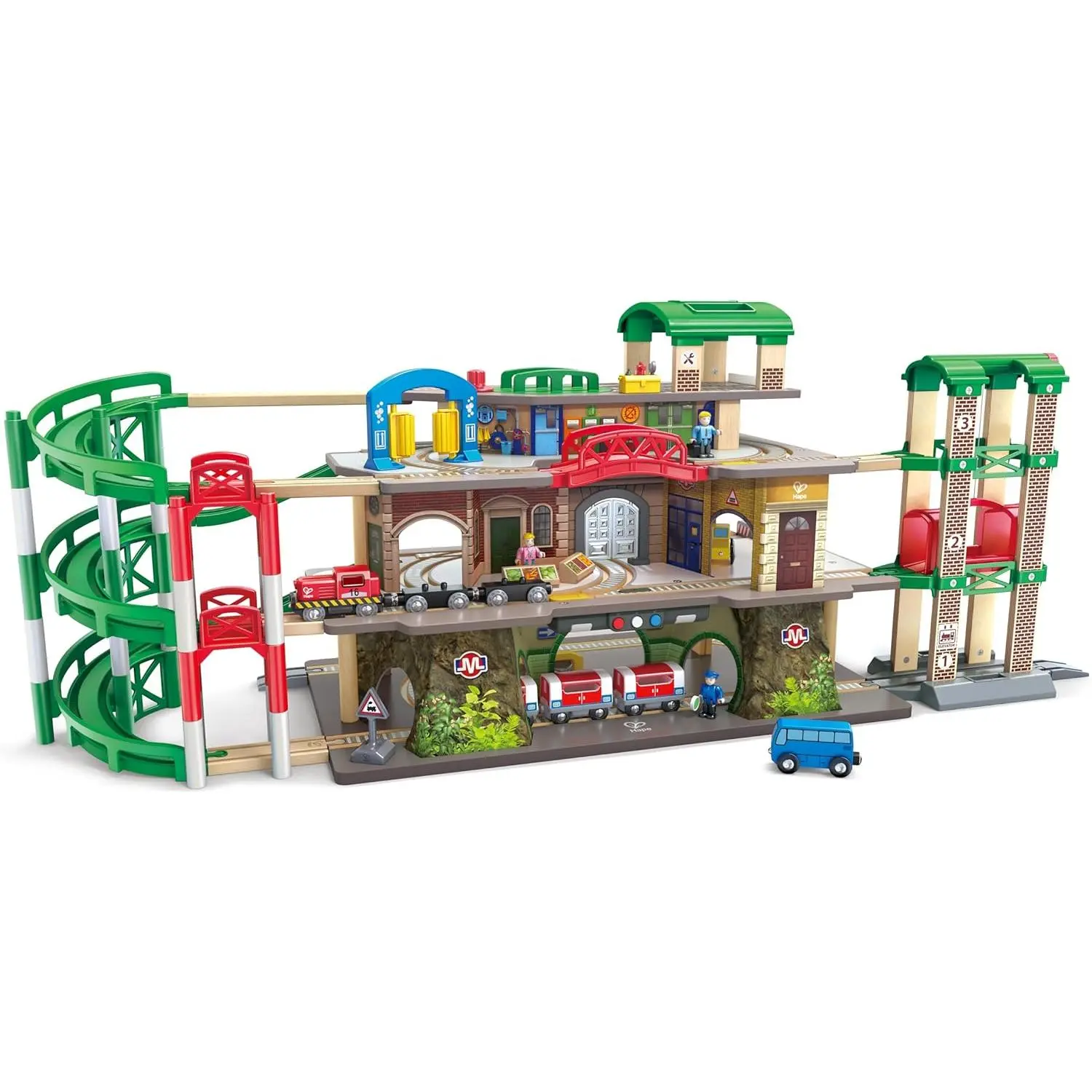 Hape Wooden 4-Level Multi-Tier Train Set, Wooden Building Toy with Glow-Safe Shuttle for 3-4 Years Olds’ Children Development, Rocket & Craft Play