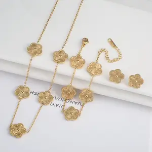 Classic Stainless Steel Metal Laser Clover Jewelry Set Bracelet Necklace Earrings Y2k Style Women's Jewelry