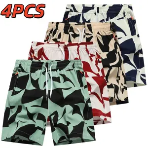Set of four men’s casual shorts with contrasting colors and drawstring design. Trendy vacation style featuring an elastic drawstring waistband for adjustable fit, zippered pockets on both sides for practical storage, curved hem that shapes the legs, breat