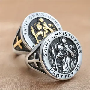 Cross Shaped Ring Retro Trendy Men's Punk Style Saint Christopher Pattern Men's Stainless Steel Ring Jewelry