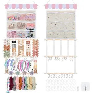 New Upgraded Bow Organizer for Girls, Headband Holder with 9 Mesh Pockets, Hair Bow Clip Organizer, Wall Hair Accessories Organizer for Baby Girl Nursery Decor, 32x15inch, Beige Pink
