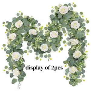 Artificial Eucalyptus Flower Garland with Rose Flowers, Faux Rose Vine Gypsophila Greenery, Home Party Wedding Table Decor, 1pcs