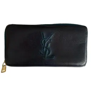 Pre-owned Yves Saint Laurent Wallet Small Leather Goods YSL logo long zipper around navy blue authentic with COA