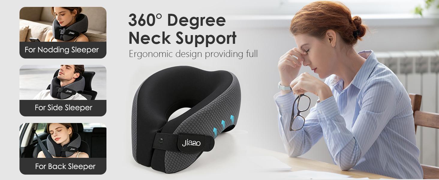 JIAAO Travel Pillow for Airplane, Memory Foam Neck Pillow with 3D Eye Mask & Earplugs, Adjustable Travel Neck Pillow with Portable Bag for Long Flights