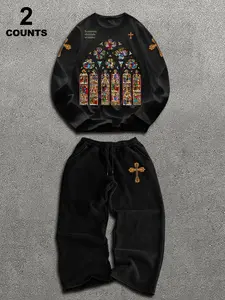 Men's Minimalist Aesthetic Long Sleeve Matching Set, Loose-Fit Graphic Tee & Straight Leg Pants, Anti-Wrinkle Breathable Fabric, All-Season Casual Wear