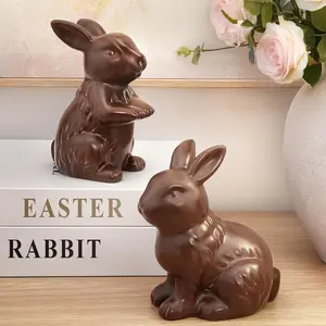 Easter Decorations - Set of 2 Chocolate Ceramic Bunny Figurines - Modern Easter Ornaments for Home, Elegant Indoor Holiday Decor Table Centerpiece Mantel Decorations for Living Room, Bedroom, Office