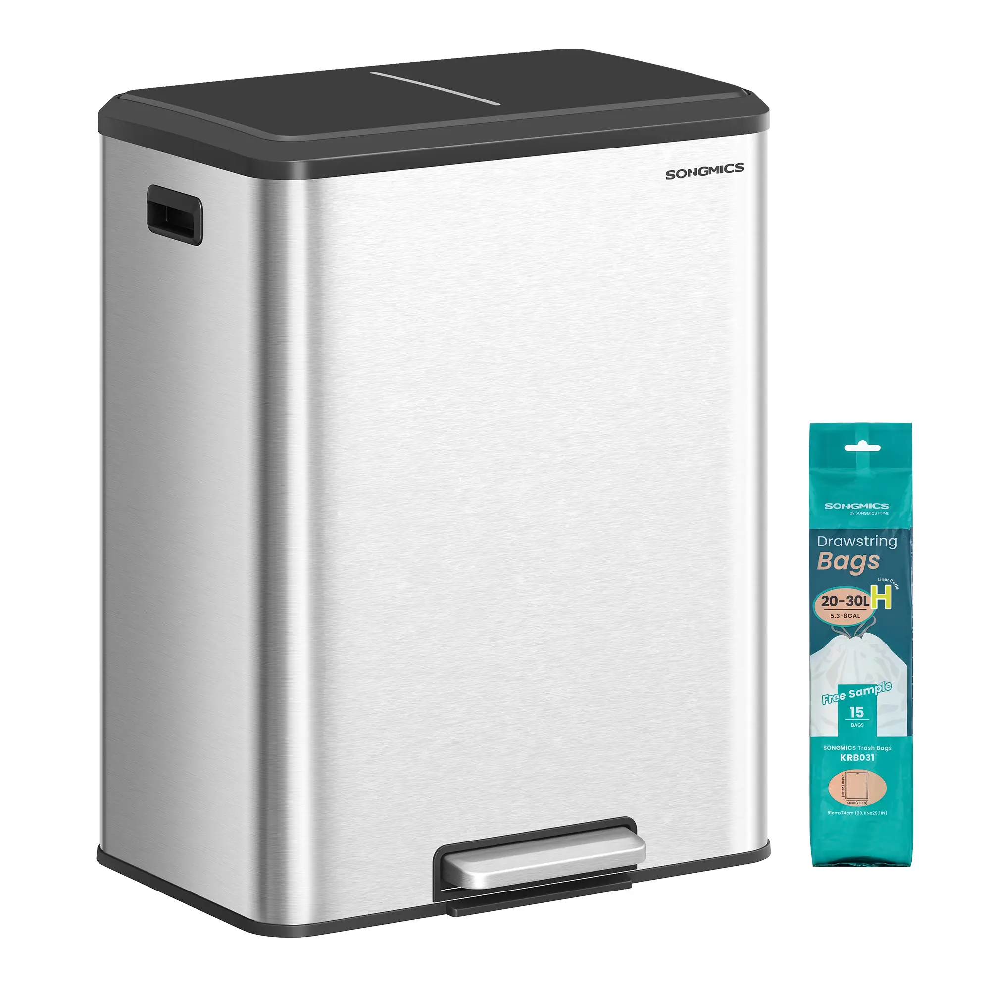 SONGMICS Trash Can, 2 x 8 Gallon (2 x 30 L) Double Garabge Can for Recycling and Waste, Stainless Steel, Soft-Close Lid, Inner Buckets, Wide Sturdy Pedal