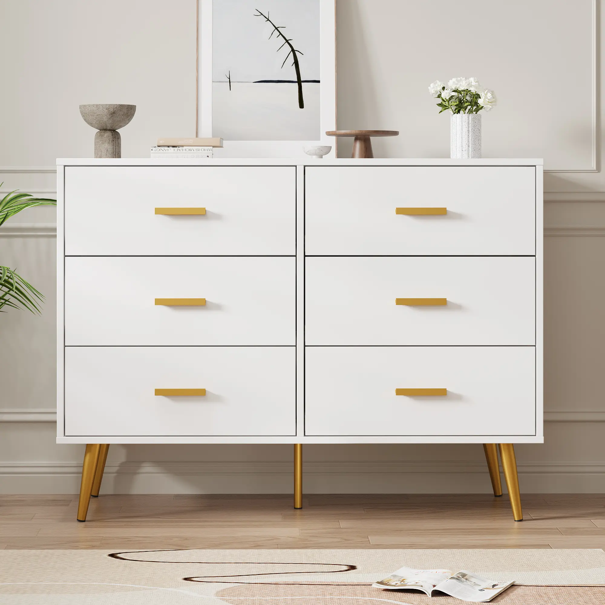 Modern White 6 Drawer Dresser Chest, Wooden Furniture with Gold Metal Handles, Spacious Storage Drawers, Sturdy Legs, Perfect for Bedroom, Living Room, Hallway, Entryway, Drawers For Bedroom, Metal Legs, Clothes Storage Cabinet, Chest Of Dresser