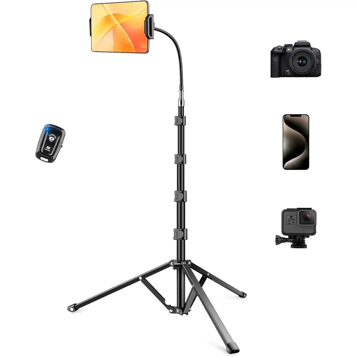 Heavy Duty Tablet Tripod Stand for iPad, 81" Tall Tripod Floor Stand with Remote and Flexible Gooseneck, Adjustable Tablet Holder Mount for iPad mini/Air/Pro, Kindle,