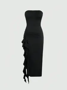 Sweetra Women Fashionable Asymmetrical Design Empire Waist Maxi Tube Dress,Ladies Elegant Ruched,Ruffle,Split Thigh Sleeveless Strapless Slim Fit Long Black Plain Bodycon,Fitted Women Long Dresses,Spring/Summer,Party/Nightclub Outfits Y2K Outfit Holiday