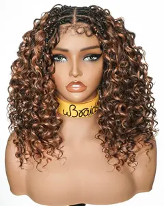 uBraids 14" Deep Wave Knotless Boho Box Braided Wig With Swiss HD Lace Blend Human Hair Curls Hand Tied Frontal and Double Lace Back Glueless Lace Wigs Lace Wear Wigs