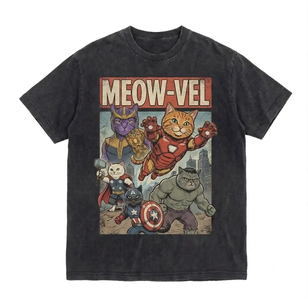 Meow-Vel Cat Graphic Tee, Funny Super Cats Shirt, Viral TikTok Oversized Vintage Tee, Unisex Streetwear, Cat Lover Gift