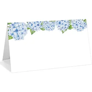 25 Pack Blue Floral Place Cards, Editable Name Cards for Table Setting, Tent Cards Food Label for Dinner Party, Bridal Shower, Wedding, Baby Shower and Events
