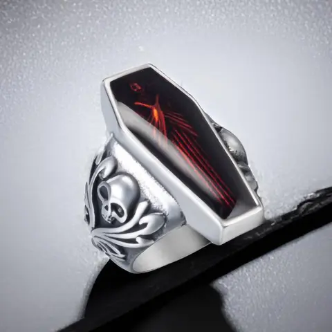 Men's Vintage Vampire Coffin Ring - 0.55 in Red Enamel Casket, Tarnish-Free Stainless Steel Band, Dark Gothic Devil Ghost Skull Design, Edgy Goth Accessories, Size 8-13 Men's Jewelry, Coffin Rings