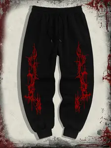 Men's Gothic Style Casual Joggers, Casual Sports Trousers, Spring & Fall Fitted Kint Fabric Pants, Trendy Campus Essential, Moderate Thickening