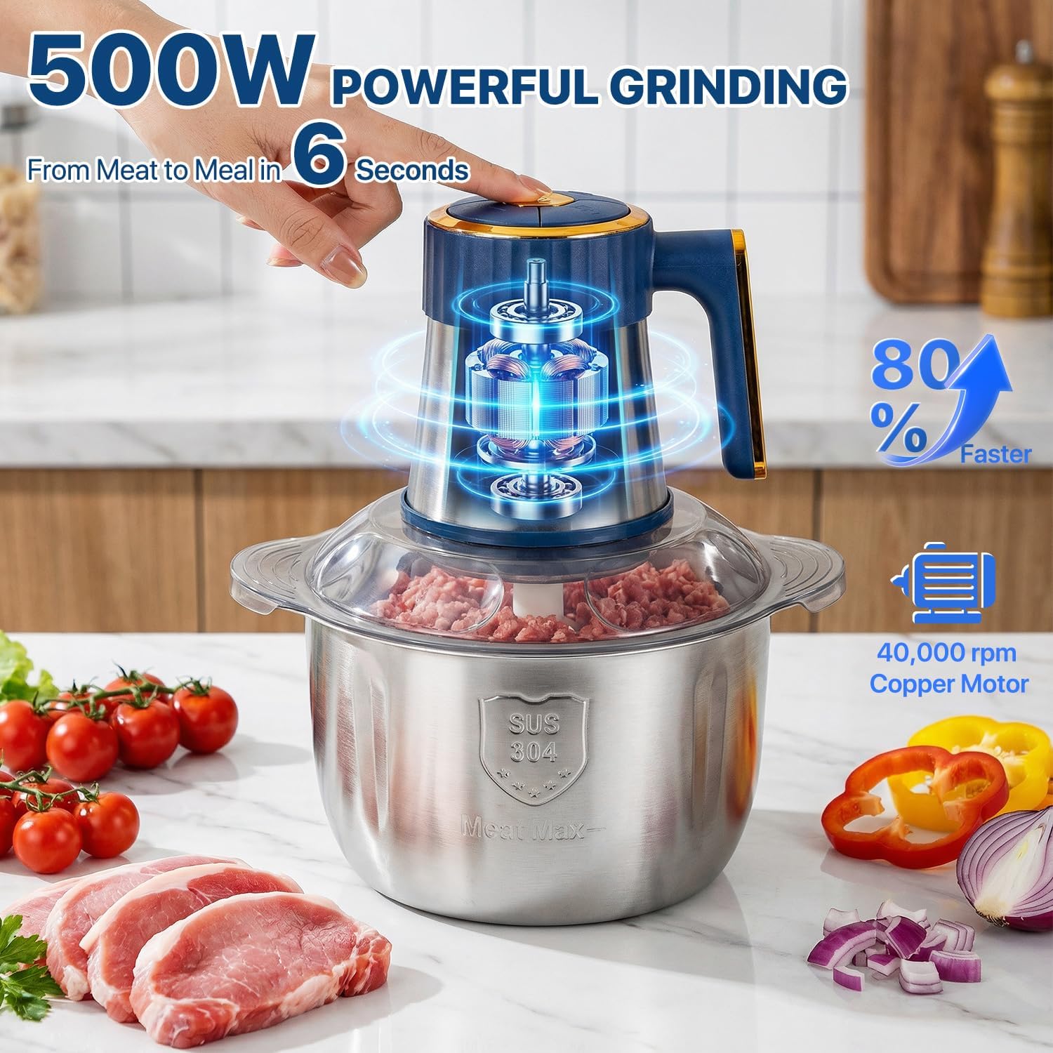 Stainless Steel Electric Meat Grinder, 5L Home Food Processor, Multifunctional Chopper Slicer