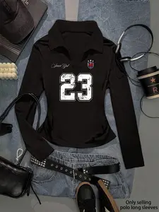 Women's Y2K Gothic Polo Neck Long Sleeve Slim Fit Top Shirts, Fall & Winter Casual Fashion, Perfect for Daily Wear and Parties