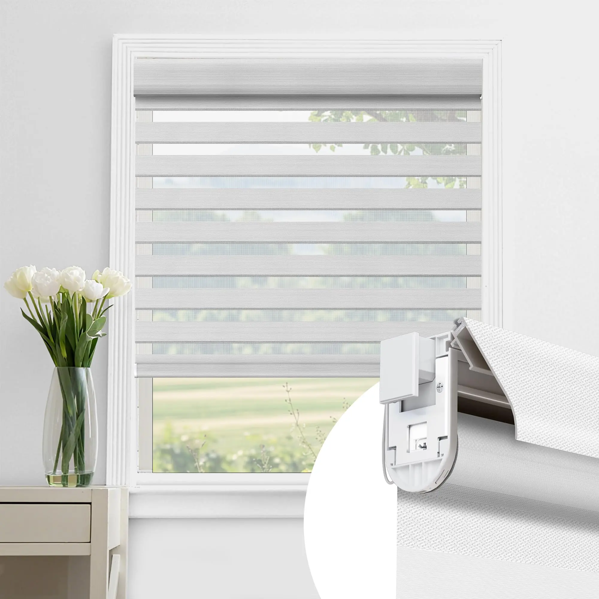 Allesin Zen Cordless Zebra Blinds - No Drill No Tools Installation, Renter-Friendly, Dual-Layer Design Thermal Insulated Privacy Focus Shades, Fabric-Matched Cover Plate & Rod, UV Protection, Indoor Windows Use, 0-1m Compatibility, Zebra Stripes