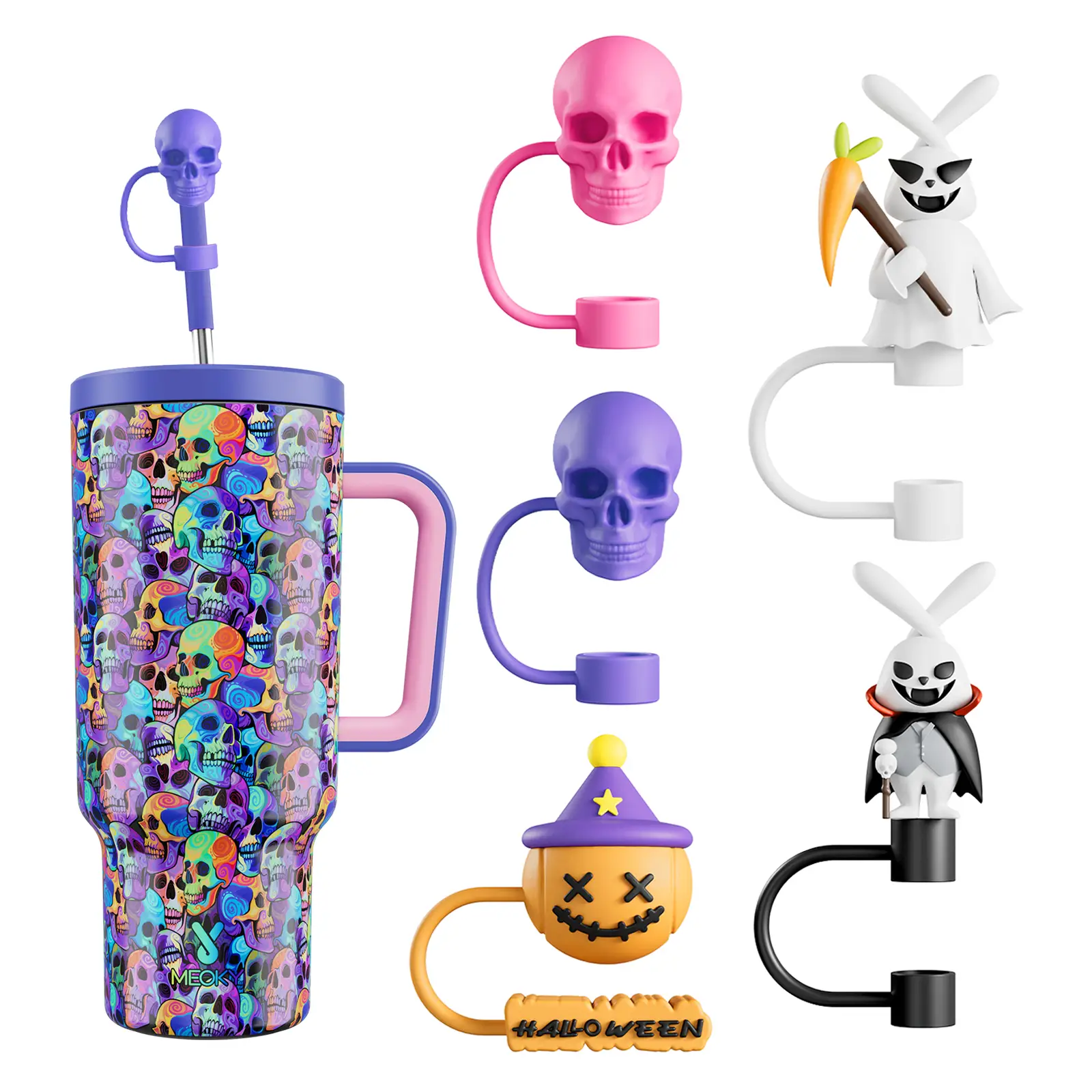 【MEOKY】5pc Halloween Straw Caps – Spooky-cute cartoon toppers that fit most straws, perfect for dressing up your tumbler or gifting this season. funny