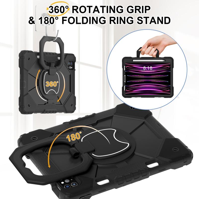 Military-Grade Shockproof Case for iPad Pro (M5) 2025 , Compatible with iPad (A16) 11th/10th / iPad Air / iPad Mini - Rotating Stand with  Pencil Holder & Shoulder Strap - Heavy Duty Drop-Proof Cover for Kids/Adults - Black