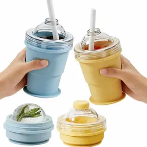 Foldable Ice Cube Cup with Straw, 2-in-1 Silicone Portable Ice Mold Mug with Build-in Ice Ball Maker, Reusable Summer Cold Drink Cup for Iced Coffee, Whiskey, Juice, Gym & Outdoor